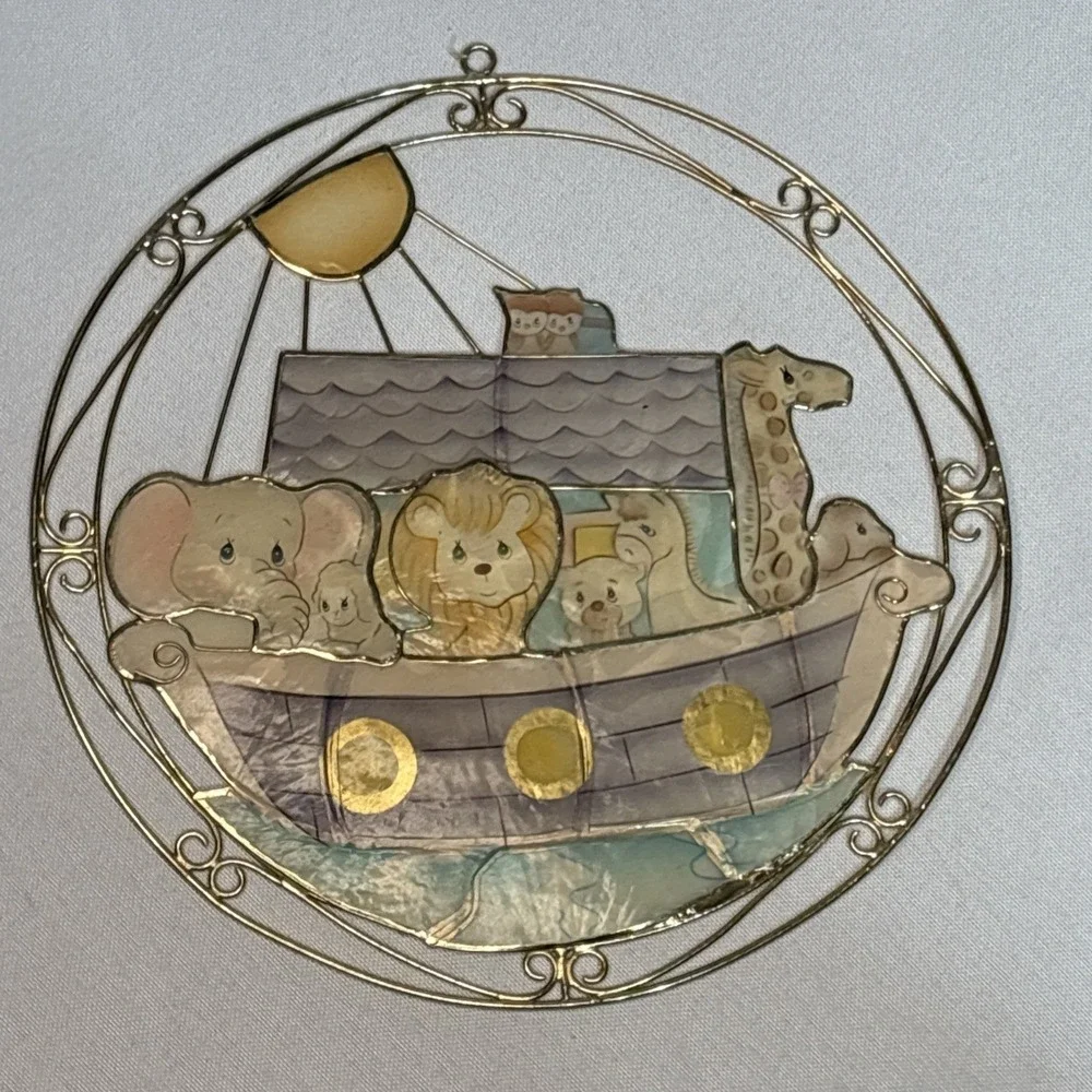 Vintage Noah's Ark Faux Stained Glass Wall‎ Hanging Nursery Decor Baby Animals